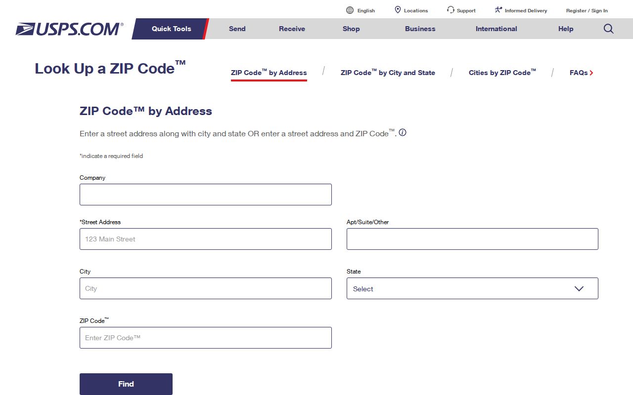Rockland County ZIP code delivery lookup fields on the USPS address search