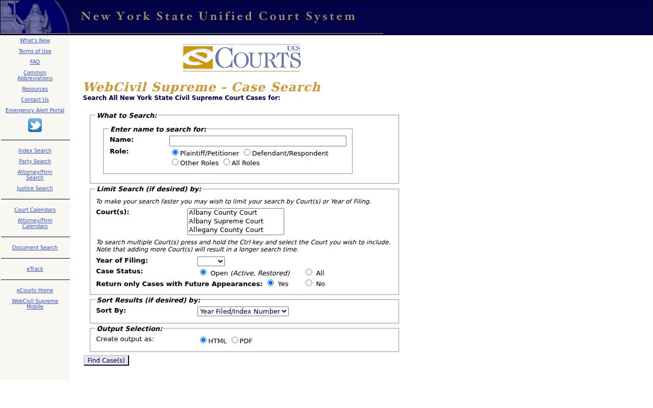 Rockland County resident lookup with WebCivil Supreme party, court, and year fields